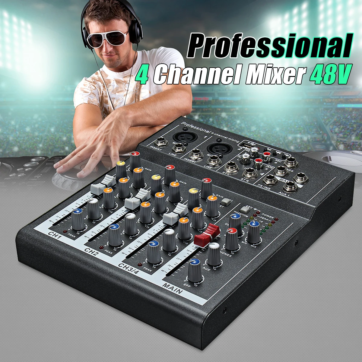 

4 Channel Mini Portable Audio Mixer with USB DJ Sound Mixing Console MP3 Jack Karaoke 48V Amplifier For Karaoke KTV Match Party