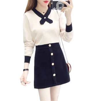

new fall 2018 skirt Korean fashion suits bowknot sweater button nailing skirts two-piece outfit pullover knitwear top vestido