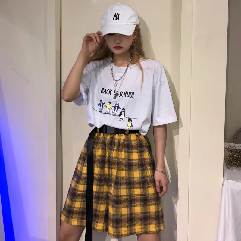 

Lychee Girls High Elastic Waist Harajuku Plaid Female Straight Shorts Above Knee Color Block Loose Women Straight Shorts