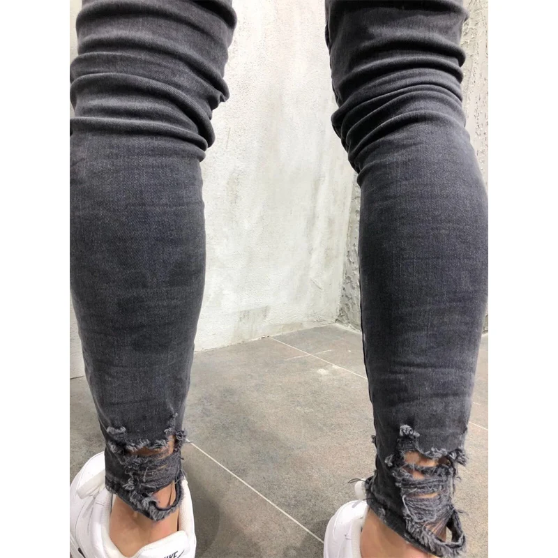 2018 new Men Ripped Dot Printed Skinny Jeans Destroyed Frayed Slim Fit Denim Pant casual men slim hole Zipper balck jeans pants