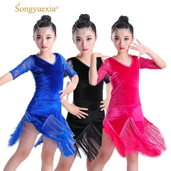 

SONGYUEXIA New Pattern Children Latin Dance Dress Tassels Dance Costume V Lead In Sleeve for Kid costume girl latin dance