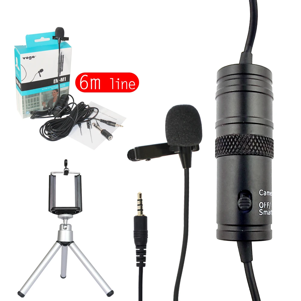 EM M1 Professional Lapel Microphone 6m Lavalier Condenser Stereo Audio Recorder Interview Clip