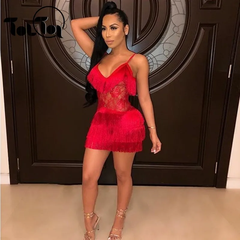 

Night Club Dresses Women New V Neck Spaghetti Strap Tassel Dress Red Solid Short Mini Dress Fashion Vestido De Festa