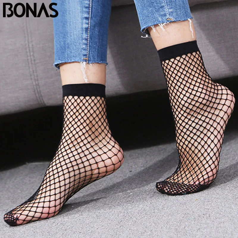 

BONAS 2pcs Women's Black Fishnet Socks Breathable Mesh Lace Fish Net Short Socks Harajuku Sexy Hollow Nets Socks Ladies Sweet