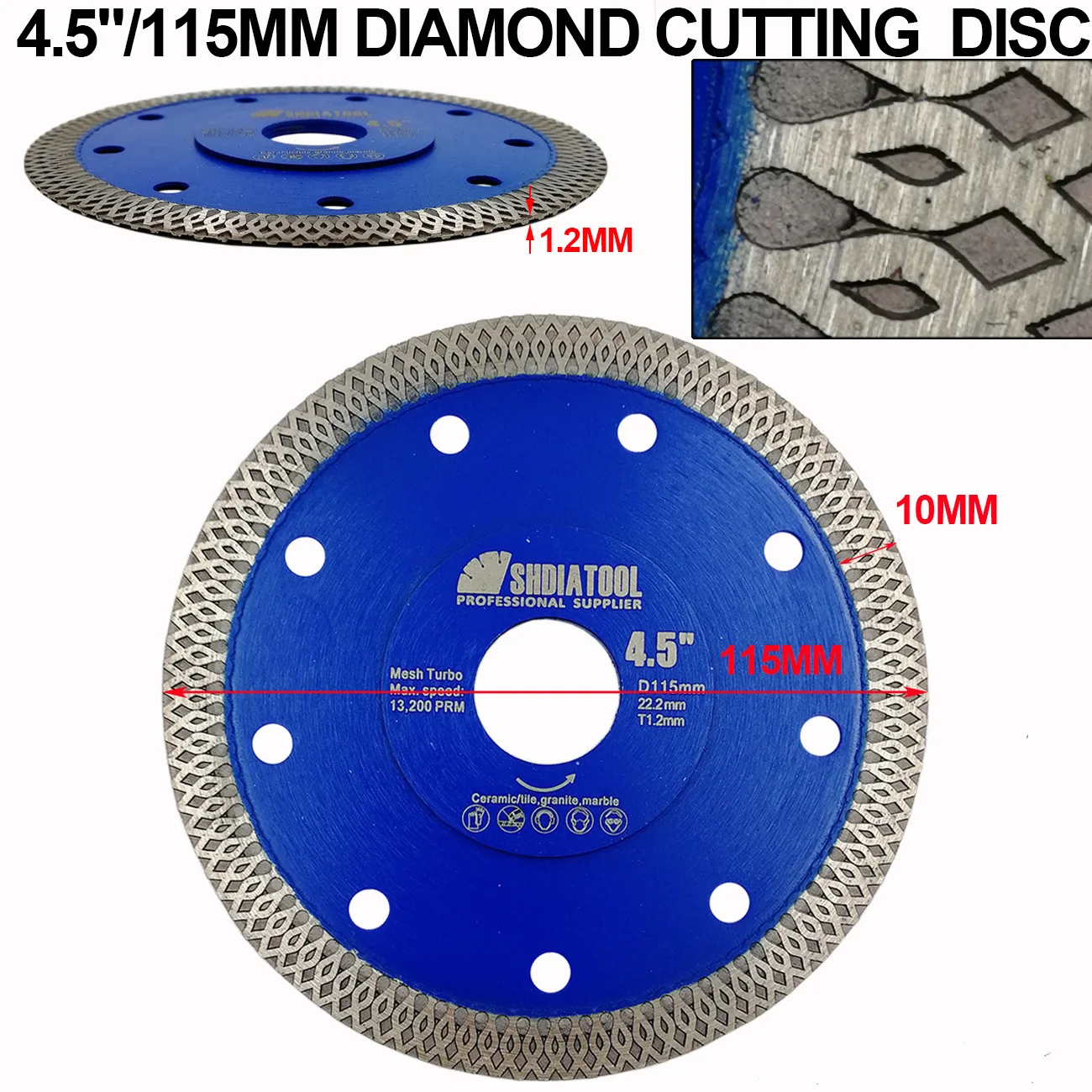 SHDIATOOL 2units Dia 4.5inch/115mm Hot pressed X Mesh Turbo Diamond Saw blade Diamond height 10MM Cutting Disc for Ceramic Tile