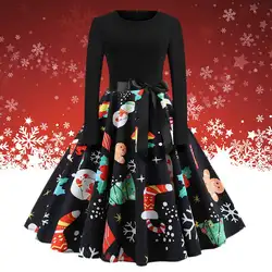 Новое рождественское кружевное расклешенное платье в европейском и американском стиле с длинными рукавами и принтом, модное повседневное
