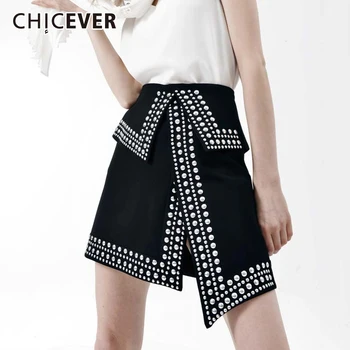 

CHICEVER Women's Skirt High Waist Rivet Asymmetrical Split Summer Black Slim A Line Women Mini Skirts 2020 Casual Fashion Tide