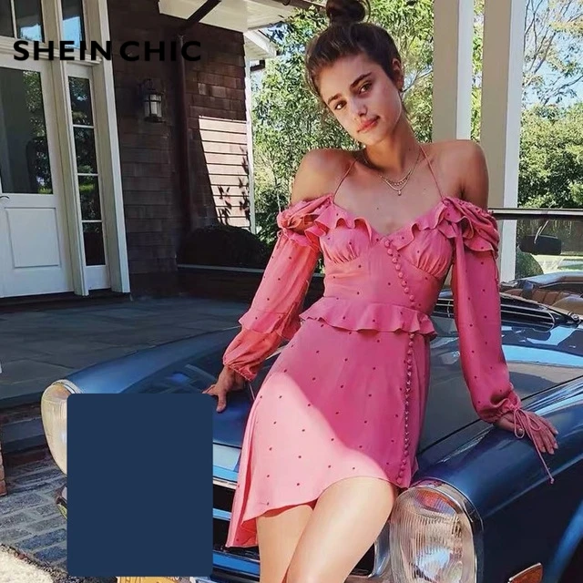 

High Quality 2019 Fashion Spring Elegant Pink Ruffle Long Sleeve Asymmetric Dress Women Vacation Bohemian Beach Midi Dress