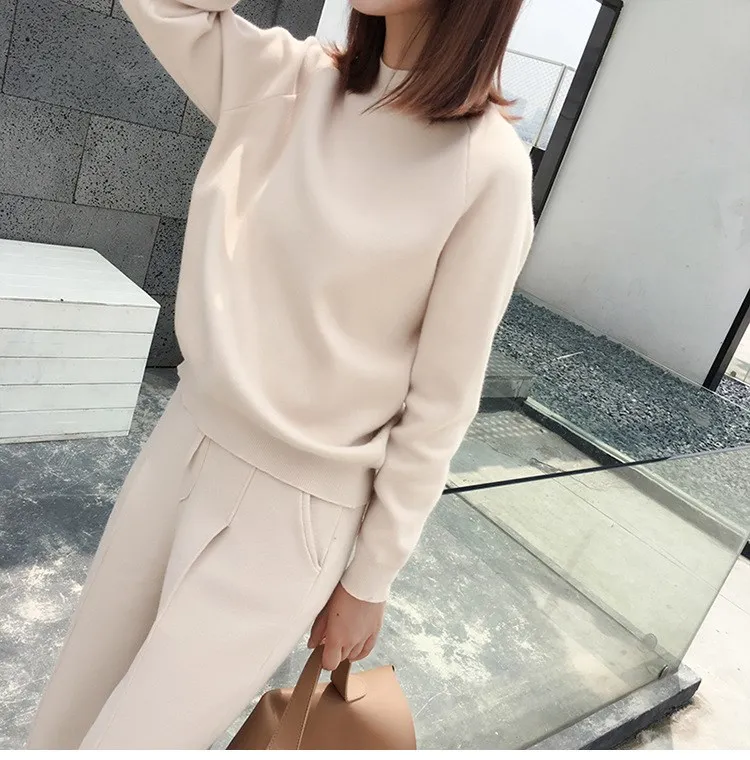 Cashmere Cotton Wool Blend Thick Knit Women Fashion Sweatshirts Tracksuit Pullover And Pants 2 Piece Set