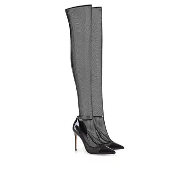 

Sexy See-thru Mesh Lace Over the Knee Thigh High Boots Stiletto Pointy Toe Party Shoes Women