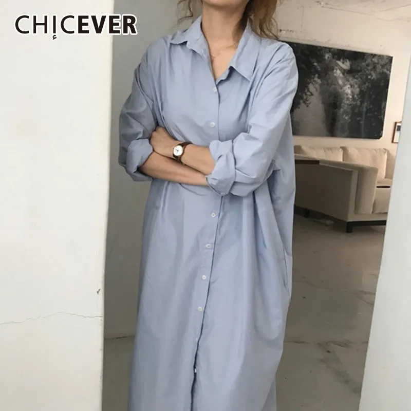 

CHICEVER Spring Women's Dresses Female Lapel Long Sleeve Loose Oversize Blue Dress For Women Korean Fashion Casual Clothes New