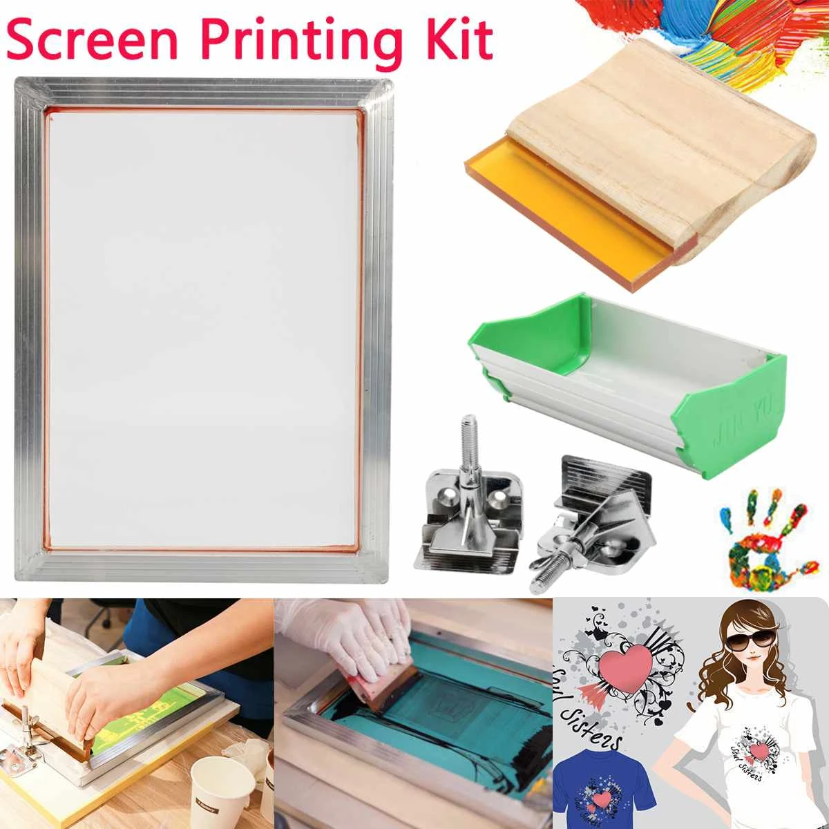 Screen Printing Kit Aluminum Frame+Hinge Clamp+Emulsion Coater+Squeegee Screen