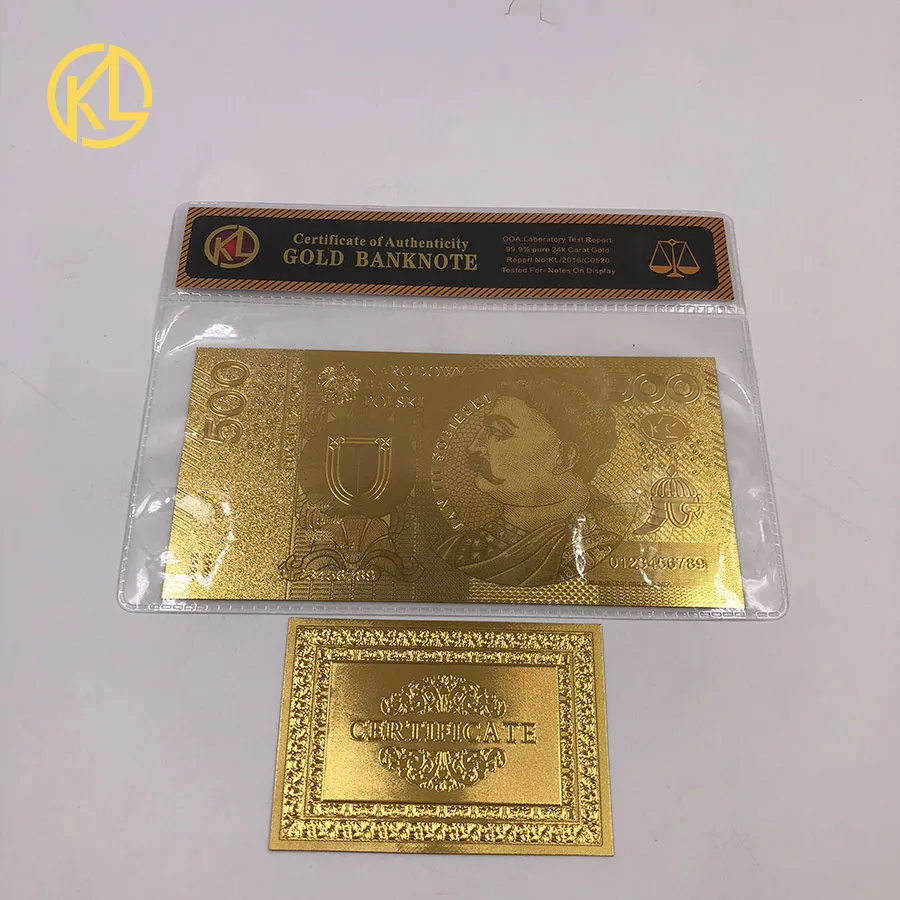 

Poland Gold Banknote Poland Currency designed gold Banknote 500 PLN With COA Frame in 24 Gold Plated For Collection And Gifts