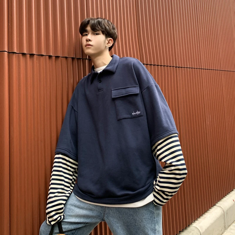 

2019 Men's New False Two Piece Navy/white Coats Lapel Collar Pullover Hoodies Cotton Clothes Casual Sweatshirts hoodie men