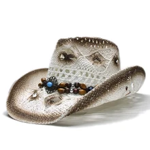 Женская мода Мужская Ретро бирюза кожаный полосатый ремешок полый-out Bohemia Ковбой Западный летняя соломенная пастушка шляпа от солнца 58 см