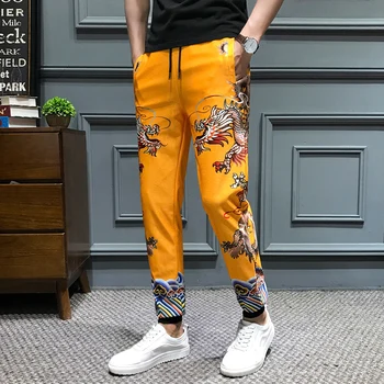 

Casual Men Dragon Printing Pants Drawstring Mens Joggers Hip Hop Trousers Men Clothes 2019 Summer New Slim Fit Harem Pants Men