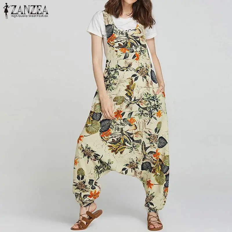 Plus Size Linen Overalls Women's Drop-Crotch Jumpsuits ZANZEA 2019 Summer Tank Rompers Vintage Print Pant Combinaison Femme 5XL