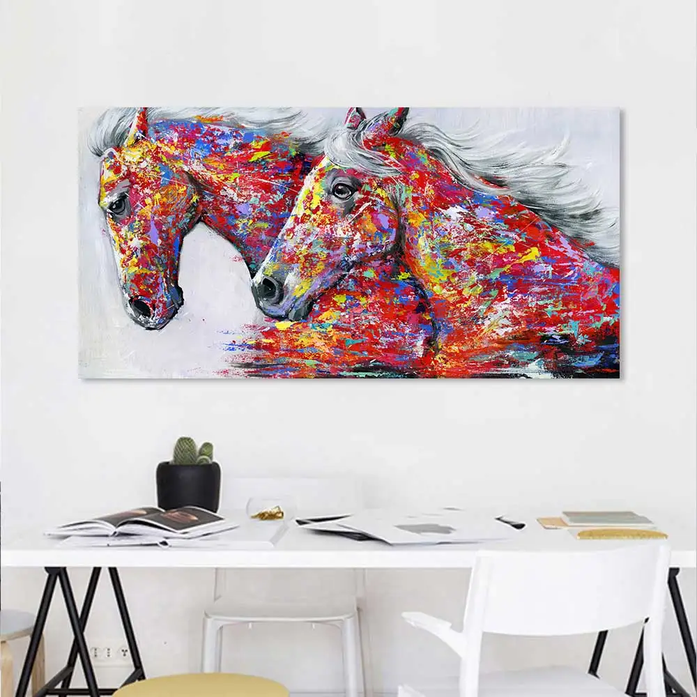 HDARTISAN Wall Art Picture Canvas Oil Painting Animal Print For Living Room Home Decor The Two Running Horse No Frame