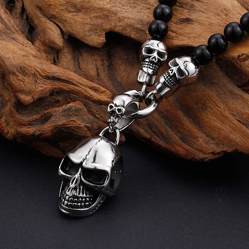 

Men's Beaded Rosary Skull Pendant Necklace Male Punk Fashion Stainless Steel Colgantes Collier Mani Collier Jewelry Gift