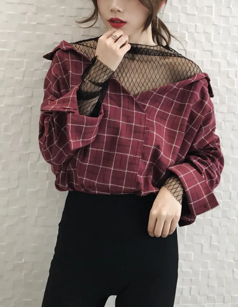 2019 Fashion Women Patchwork Tops Ladies Long Sleeve Net Shirts Casual  Off Shoulder Plaid Blouse