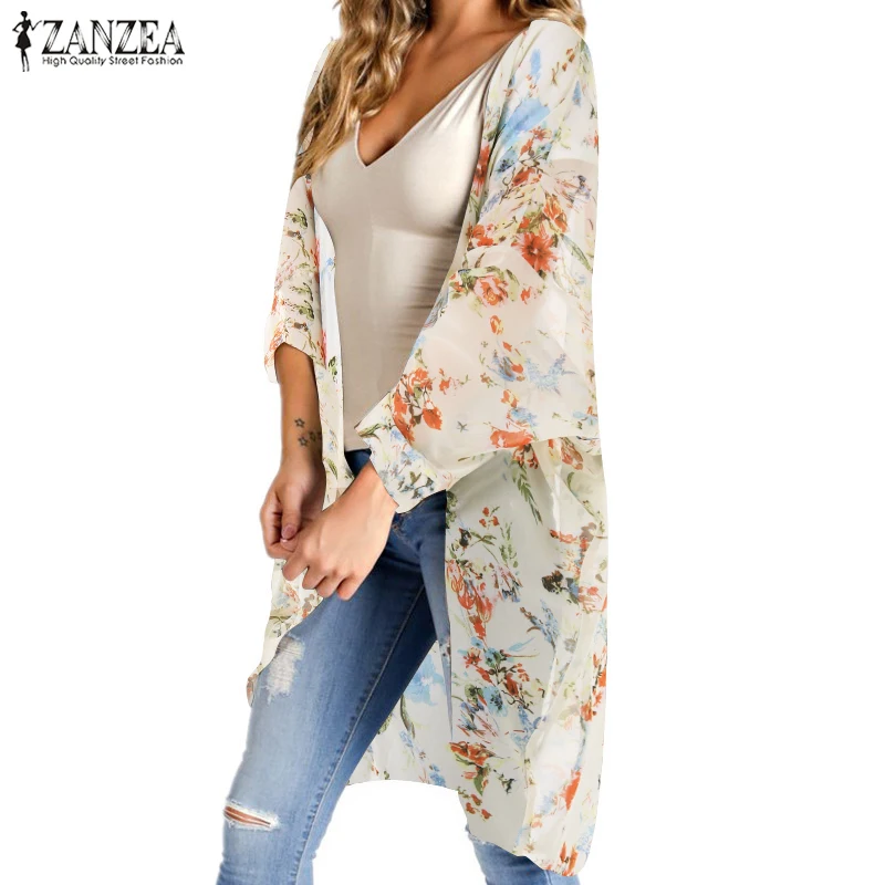 2019 ZANZEA Fashion Print Beach Cover Up Women's Summer Floral Kimono Cardigan Female Bohemian Chiffon Blouse Blusas Tunic Tops