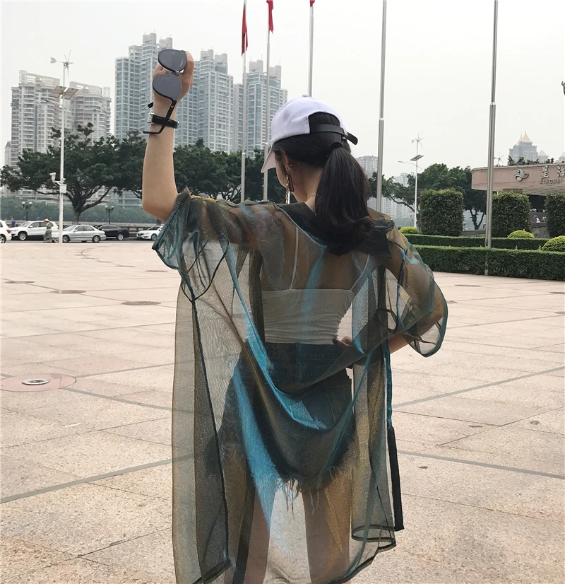 

Fashion Gradient Color Perspective Sunscreen Long Womens Shirt 2019 Summer Hip Hop Sexy Thin Light Unlined Garment Blouses