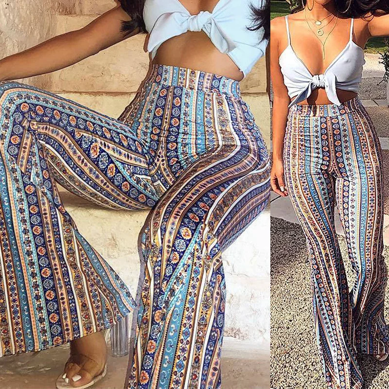 

Women Striped Printed Boho Flare Pants 2019 Women's Wide Leg Harem Pants High Elastic Waist Vintage Stretch Bell Hippie Pants