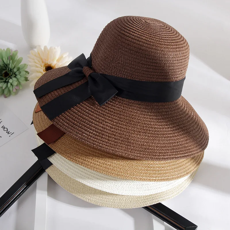 2019 العصرية شقة أعلى واسعة بريم سترو قبعات للحماية من الشمس للنساء شريط أسود Bowknot الشمس قبعة واقية بلون الصيف شاطئ بنما قبعات