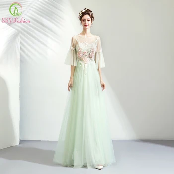 

SSYFashion New Fresh Light Green Lllusion Evening Dress 3/4 Sleeves Lace Flower Beading Floor-length Party Formal Gowns