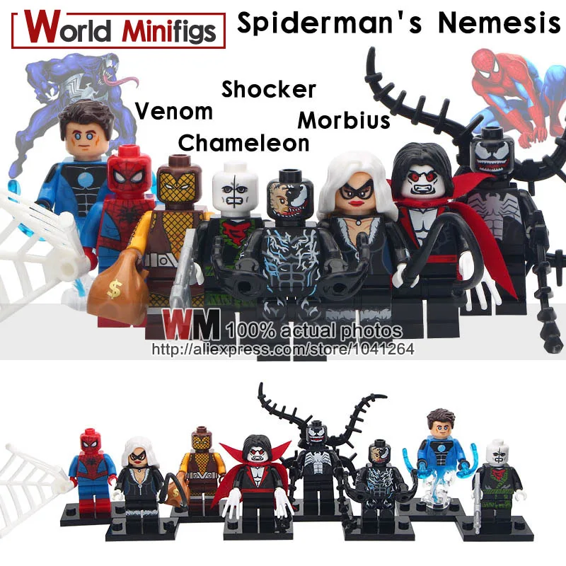 

10LOTS Venom Black Cat Hydro-Man Chameleon Morbius Shocker Spider-Man Marvel Super Hero Building Blocks Set Model Toys