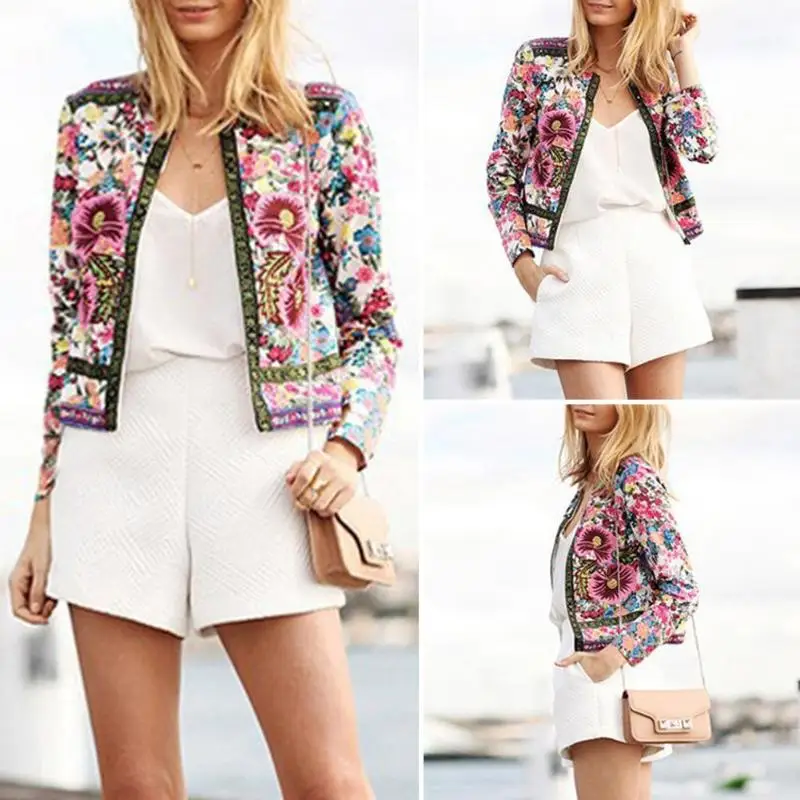 

2018 Autumn Women Print Flowes Basic Jacket Fashion Female Casual Ethnic Style Floral Print Women Collarless Elegant Coat
