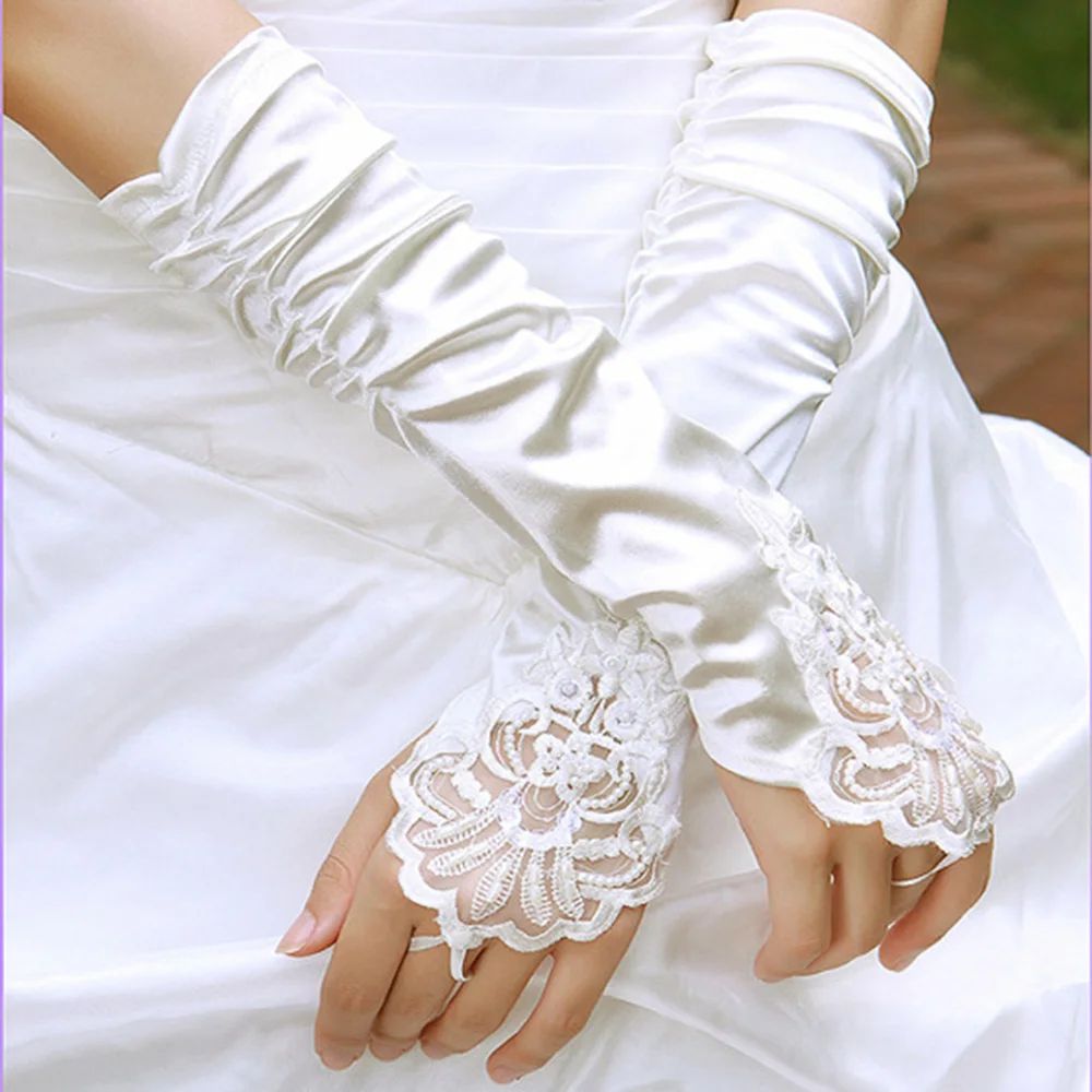 

Red Black White Long Stretch Satin Elegant for Bride Bridal Wedding Gloves 2019 Women Fingerless Gants Mariage luvas de noiva