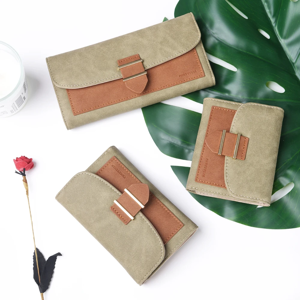 

Women Wallet Female Middle Scrub PursesLeather Portefeuille Femme Carteira Feminina Patchwork Card Holder Short Cartera