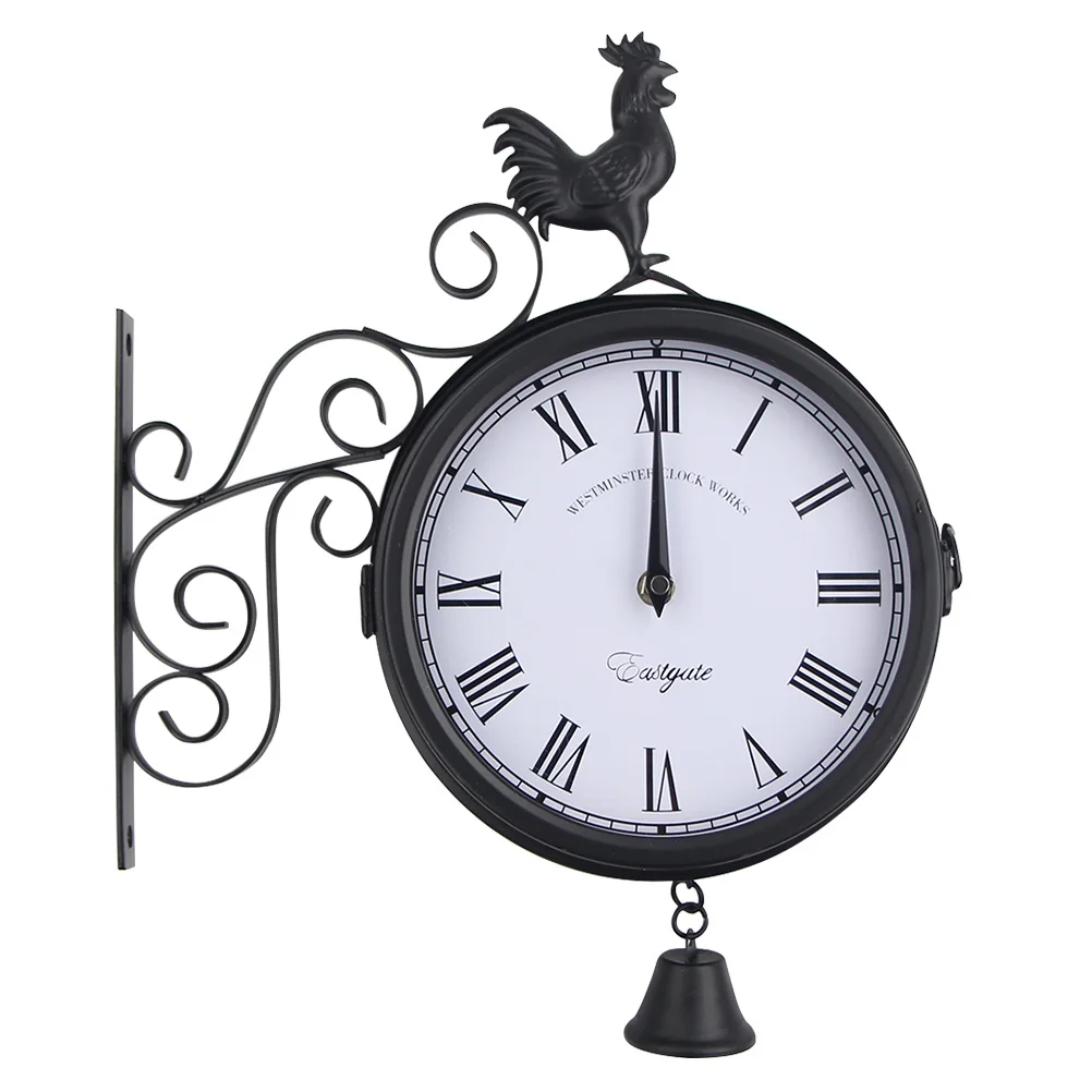 

1PCS Wall Clock Wrought Iron Outdoor Double-sided Cock Bell Shape Hanging Metal Frame Room Clock without Battery