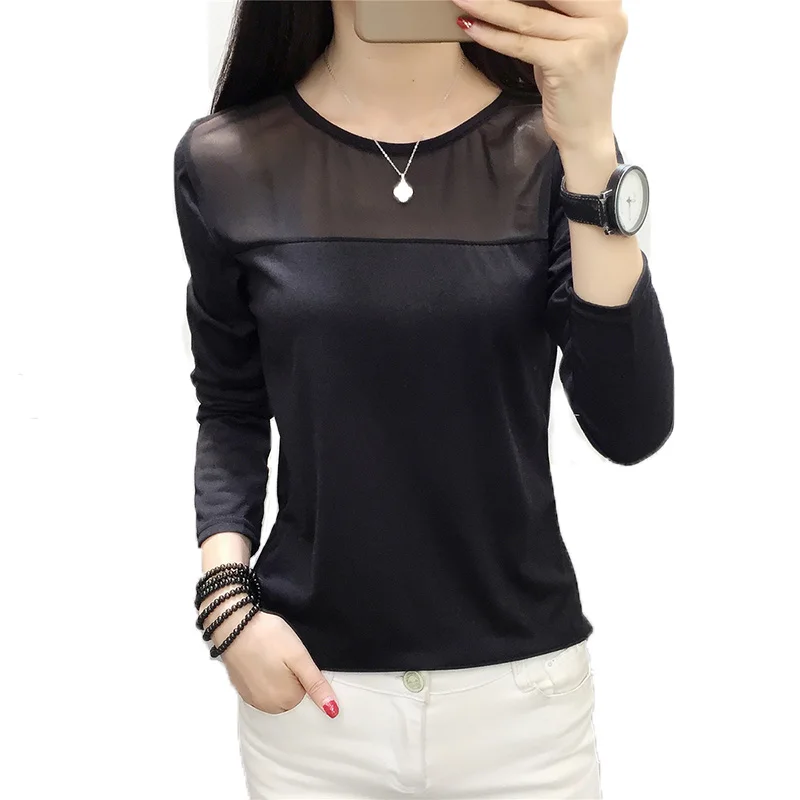 

Sexy Mesh Perspective Women Long sleeve T-shirt 2018 Autumn Korea Leisure Round neck Slim Bottoming Femme Tee Shirt Tops