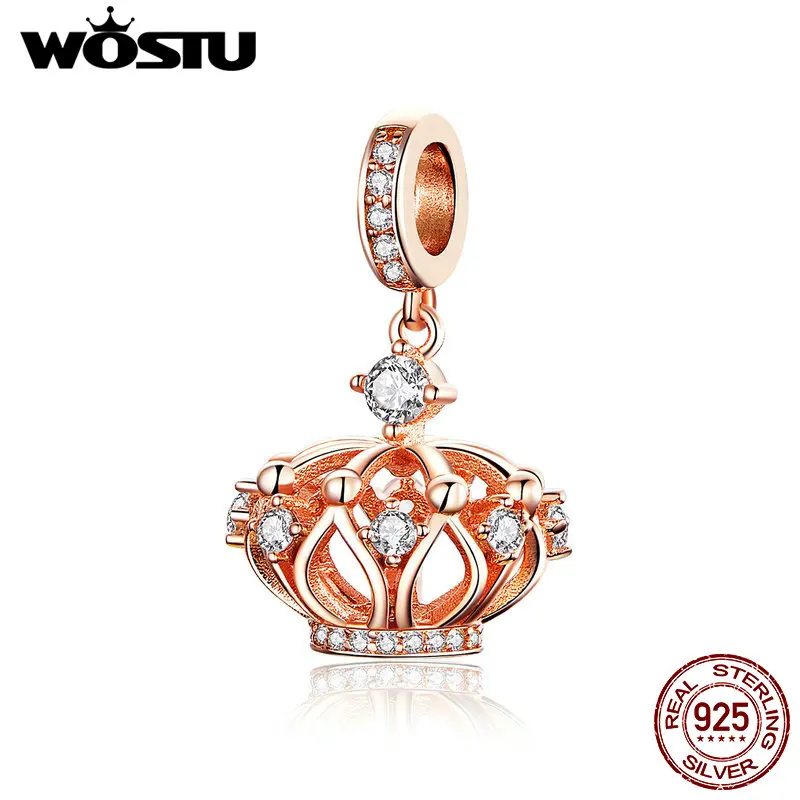 

WOSTU 925 Sterling Silver Queen Crown Rose Gold Charms CZ Bead Fit Original Bracelet Pendant Charms For Jewelry Making CQC1121