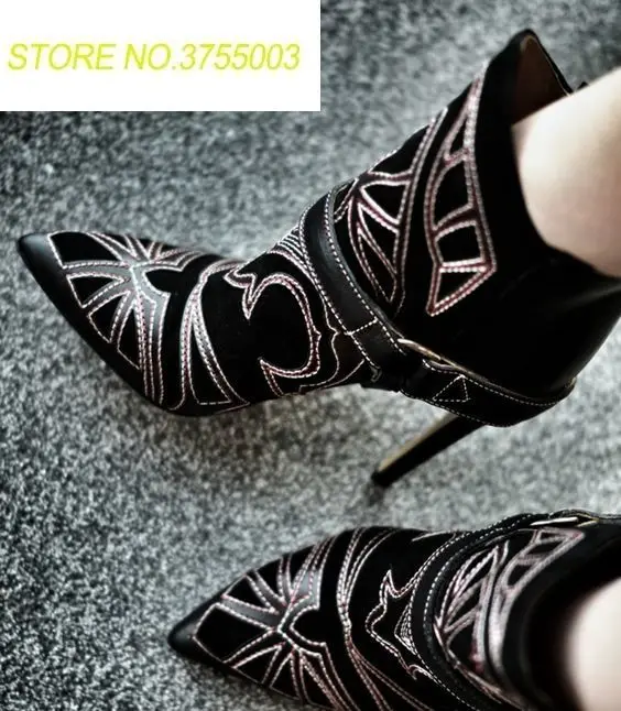

Spring Fashion Embroidery Suede Leather Pointed Toe Ankle Boot Ankle Strappy Ladies Stiletto Boots Women High Heel Boots Size 42