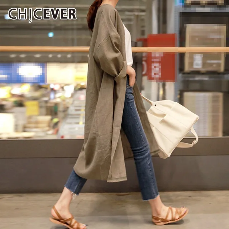 

CHICEVER Autumn Linen Trench Coat For Women's Windbreaker Cardigans Long Sleeve Casual Loose Oversize Windbreakers Fashion New