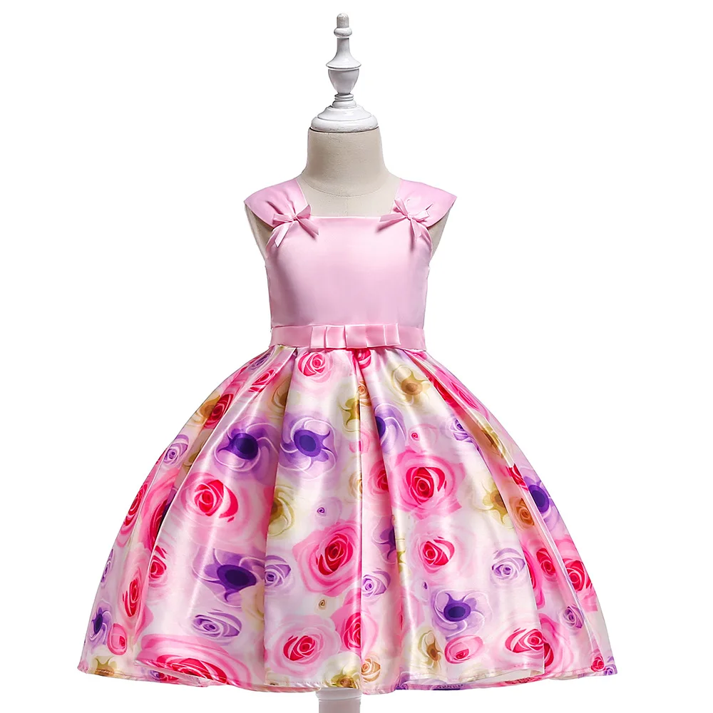 

kids girl dress 2018 bow knot rose print dress ruffled wide sling square neckline dress