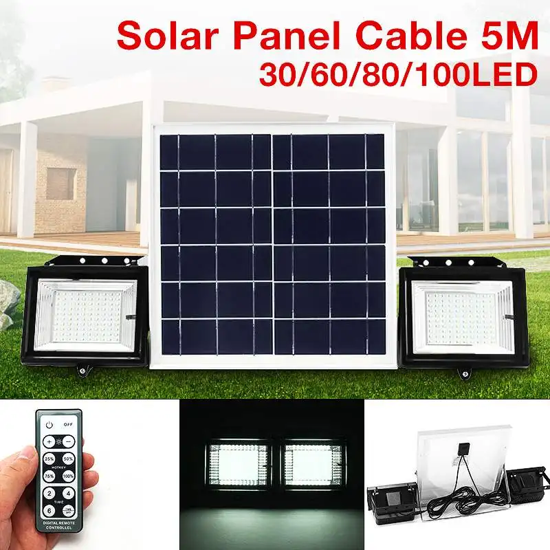 

2Pcs Remote Control 100 LED Flood Light Solar Powered Dimmable Timer Waterproof Solar Light Street Light Floodlight