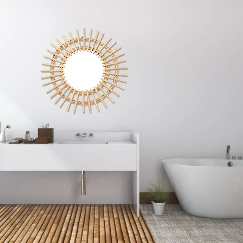 Ratán decoración de arte innovadora redonda para mujer espejo de maquillaje mimbre vidrio para el hogar vestidor baño pared colgante espejo