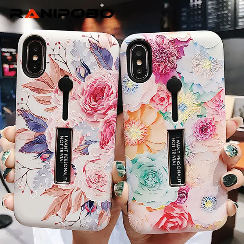 

Rose Peony Flower Soft silicon Ring Holder Phone Case For iphone X XS XR XS Max 6 6S 7 8 Plus Vintage Hide Stand Back Cover