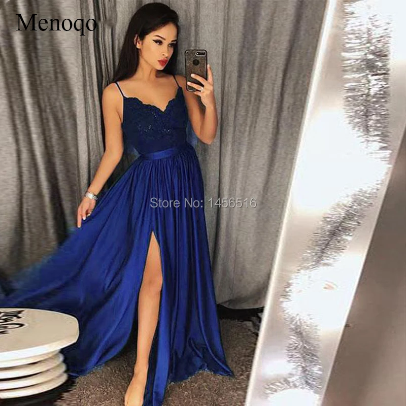 

Latest Fashion Long Evening Gowns 2019 Spaghetti Straps V-Neckline Sleeveless Lace Bodice Evening Dresses With Split