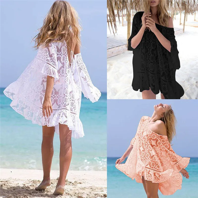 Женское пляжное платье Boho кружевное мини с рукавами фонариками и оборками