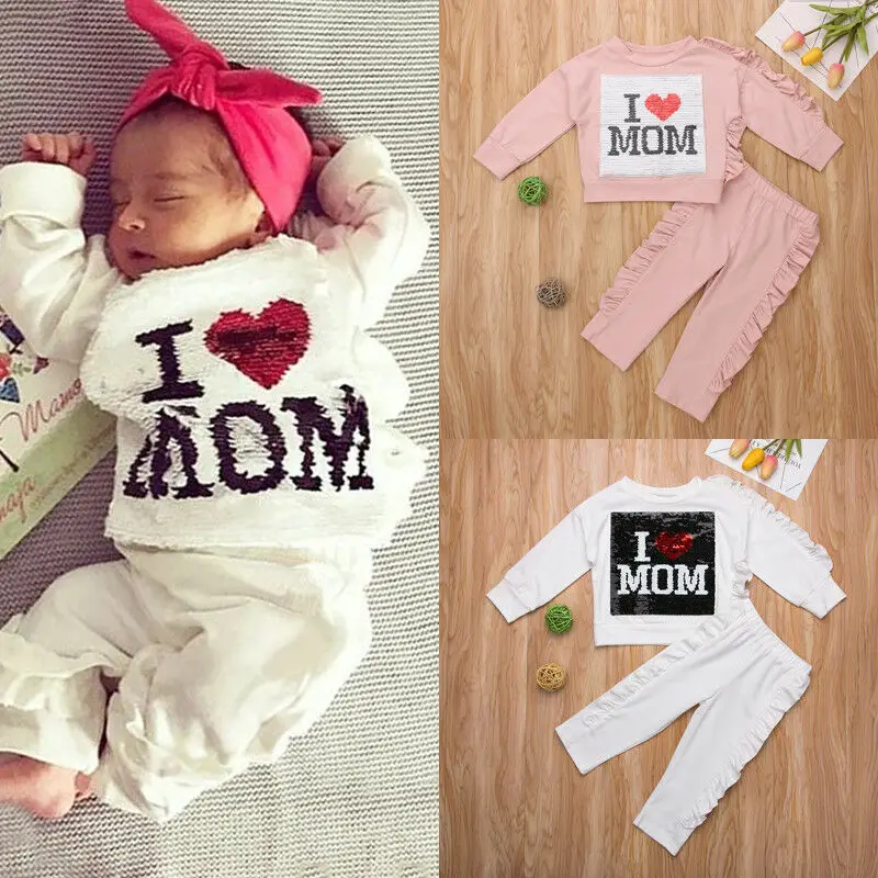 

Reversible 2019 Baby Girl Boy Clothes Set Toddler Kid I Love Mom Dad Outfit Sequin Top+Ruffle Pants Sweatshirt 2pcs Children Set