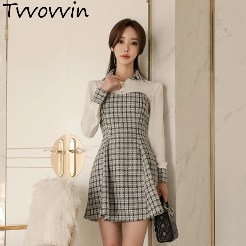 

Elegant Patchwork A-line Dress Women Plaid Grid OL Style Female Dresses Wear To Work Business Slim Waist Vestidos Spring R390