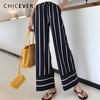 

CHICEVER Spring Striped Wide Leg Pants Female High Waist Elastic Patchwork Pocket Long Trousers Fashion Womens Pants 2020 New