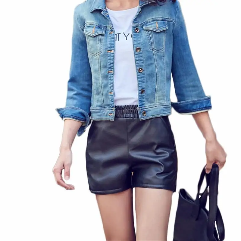 

Women Summer Shorts Female Leisure Loose Pure Black Mid Waist PU Leather Shorts Bottoms Simple Generous All-match Style Newly