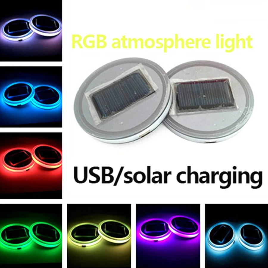 2pc Solar Cup Mat Pad Car Accessories LED Light Cover Interior Decoration Lights