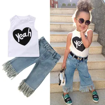 

PUDCOCO Newest 2018 Fashion Toddler Baby Kids Girl Vest Top 2PCS T Shirt+ Jeans Denim Pants Outfits Set Casual Pop Clothes 1-5Y